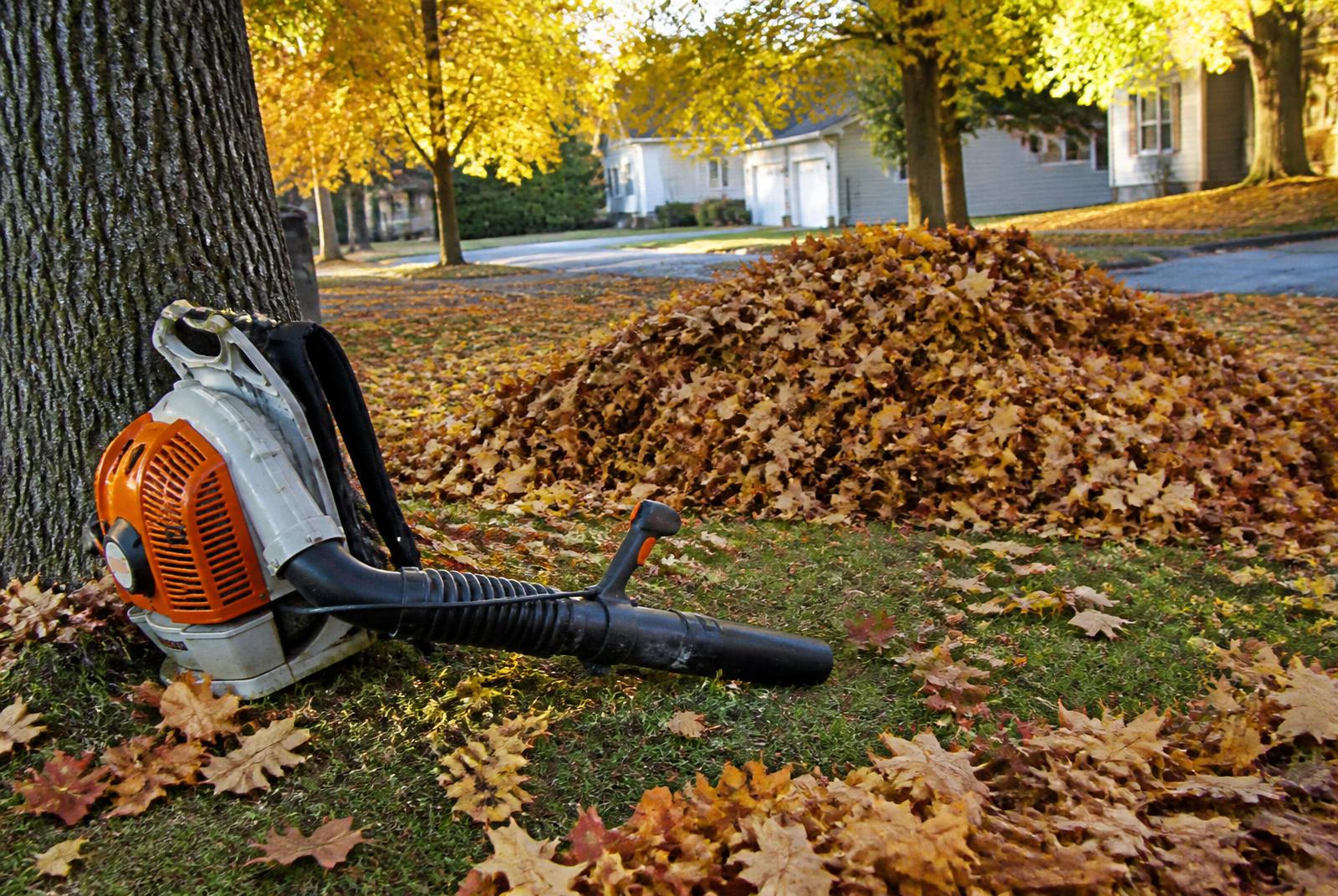 Crew blowing and tarping fallen leaves during a fall property cleanup