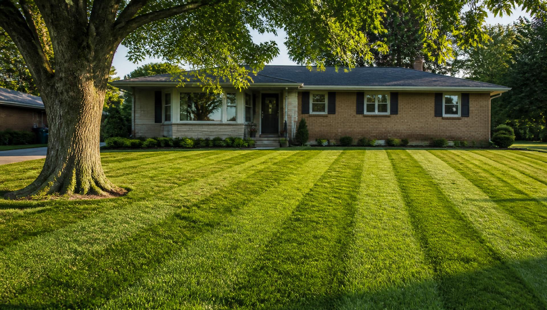Striped, freshly mowed front lawn at a brick ranch home in Metro Detroit