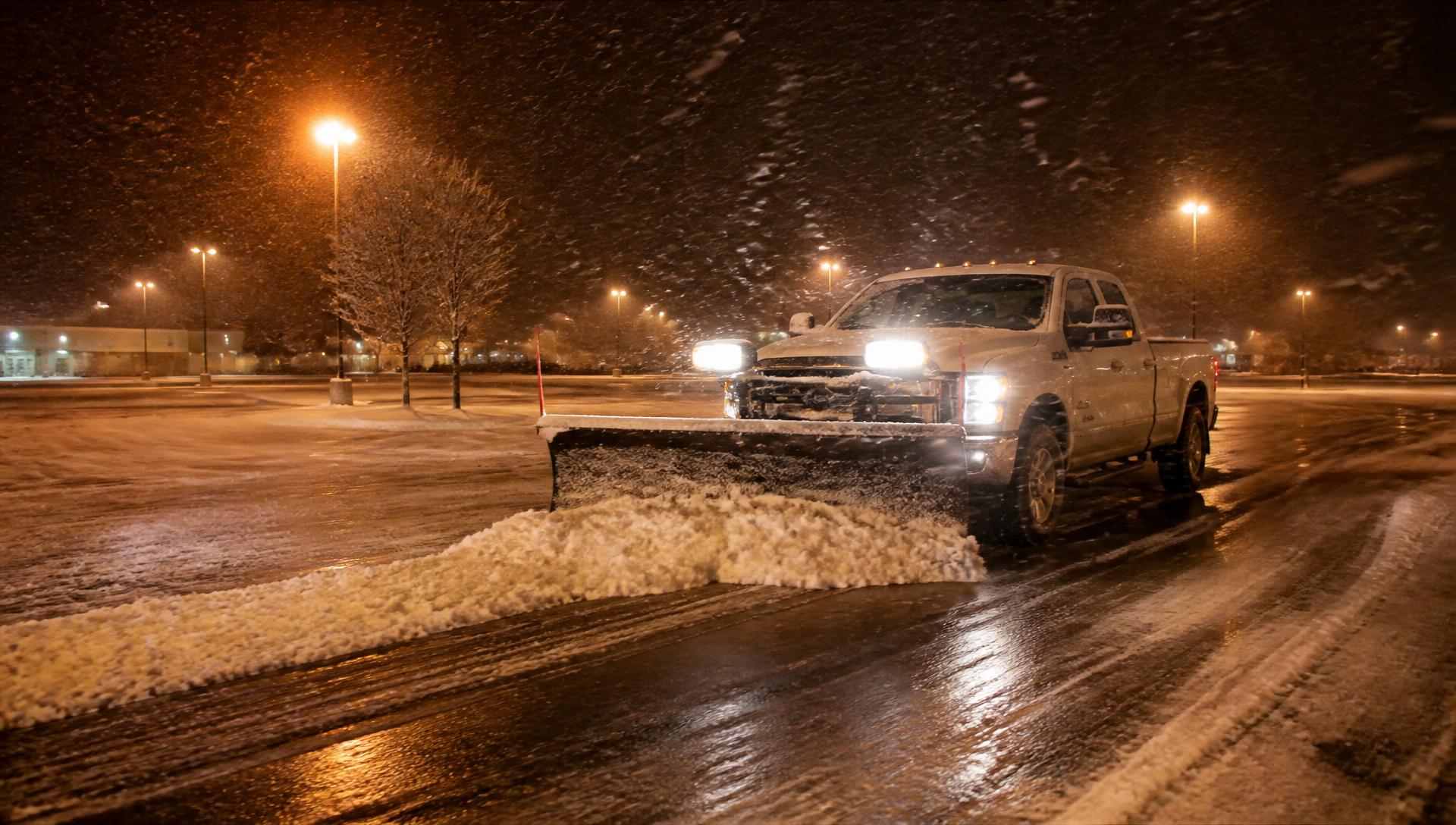 Pickup truck plowing a commercial parking lot during a night snowfall