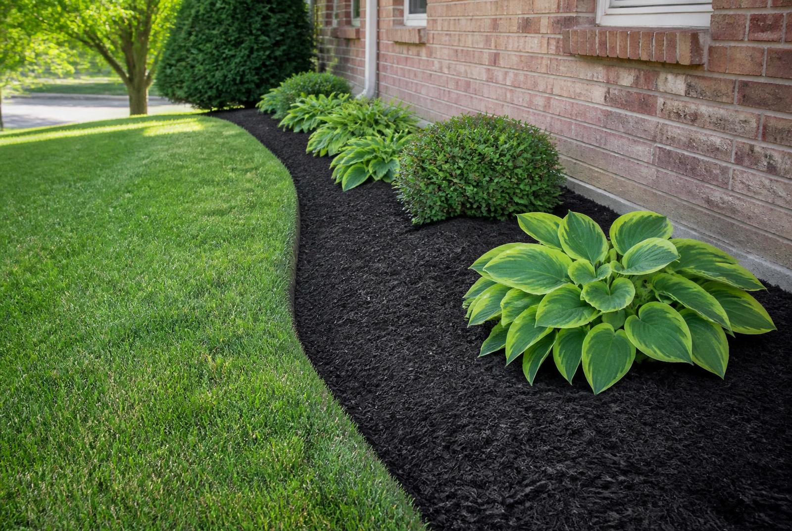 Fresh dark mulch installed in a curved landscape bed with a crisp spade edge