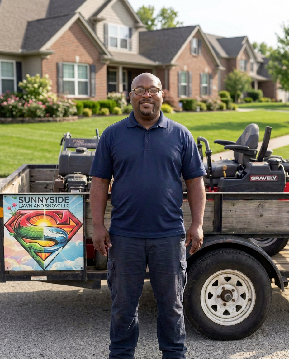Calvin Palmer Jr., owner of Sunnyside Lawn and Snow LLC, standing by the company trailer
